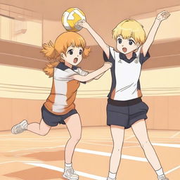 A boy and a girl playing volleyball in an anime style, inspired by the anime 'Haikyuu!!'