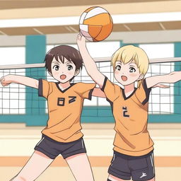 A boy and a girl playing volleyball in an anime style, inspired by the anime 'Haikyuu!!'