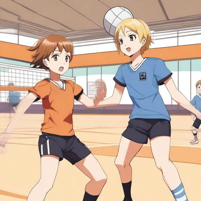 A boy and a girl playing volleyball in an anime style, inspired by the anime 'Haikyuu!!'