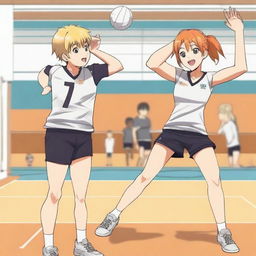 A boy and a girl playing volleyball in an anime style, inspired by the anime 'Haikyuu!!'