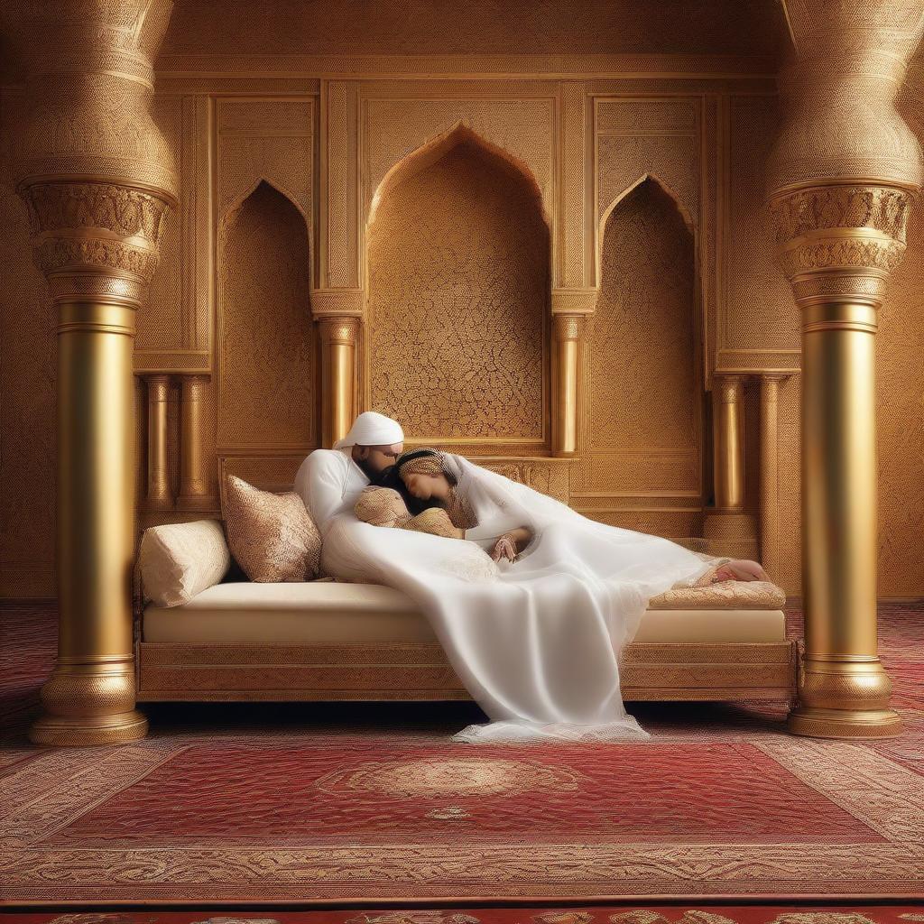 An Arabian prince and his princess sleeping on a royal bed