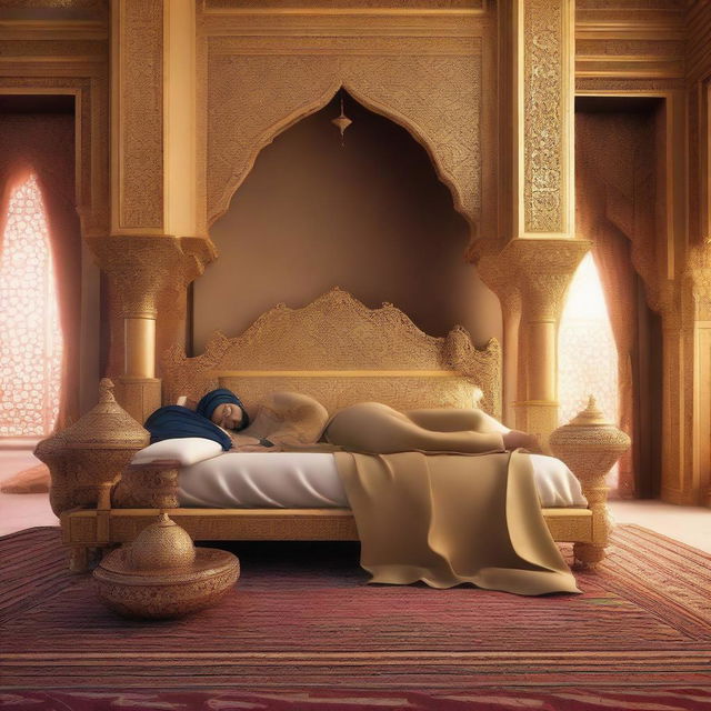 An Arabian prince and his princess sleeping on a royal bed