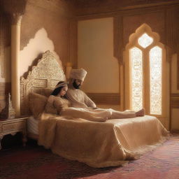 An Arabian prince and his princess sleeping on a royal bed