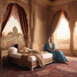 An Arabian prince and his princess sleeping on a royal bed