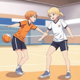 A boy and a girl playing volleyball in an anime style, inspired by the anime 'Haikyuu!!' featuring Hinata Shoyo