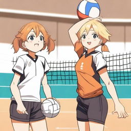 A boy and a girl playing volleyball in an anime style, inspired by the anime 'Haikyuu!!' featuring Hinata Shoyo