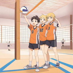 A boy and a girl playing volleyball in an anime style, inspired by the anime 'Haikyuu!!' featuring Hinata Shoyo