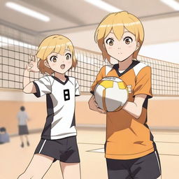 A boy and a girl playing volleyball in an anime style, inspired by the anime 'Haikyuu!!' featuring Hinata Shoyo