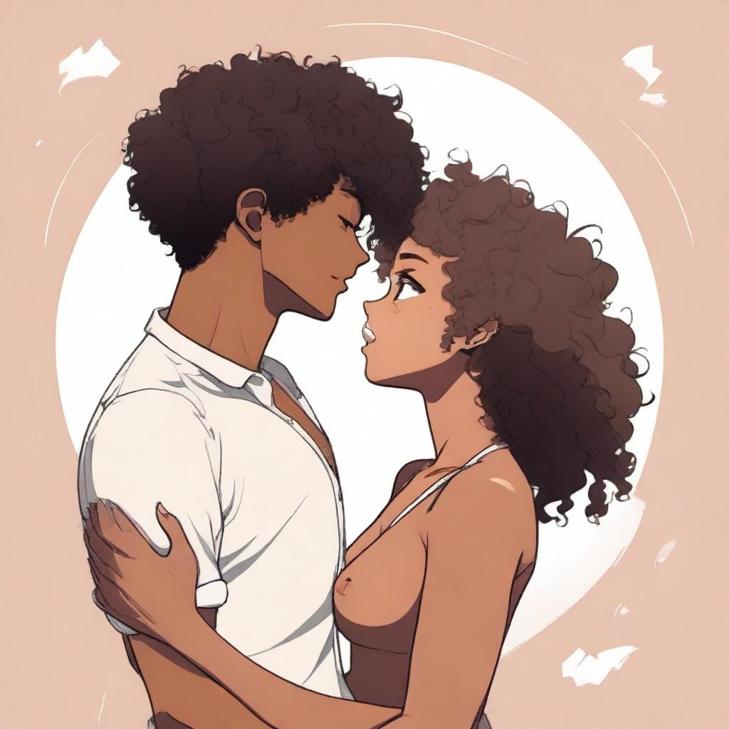 A detailed anime-style illustration of a black girl with curly hair and a curvy body type, featuring wide hips and a big bust, kissing a white man with a skinny body type and short hair