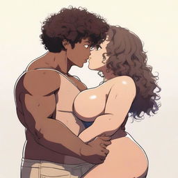 A detailed anime-style illustration of a black girl with curly hair and a curvy body type, featuring wide hips and a big bust, kissing a white man with a skinny body type and short hair