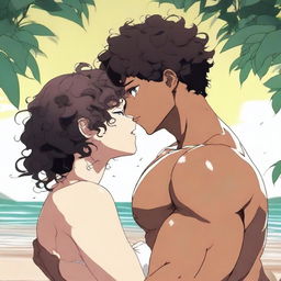 A black anime girl with curly hair and a curvy body type with wide hips and a big bust is kissing a Caucasian white man with pale skin