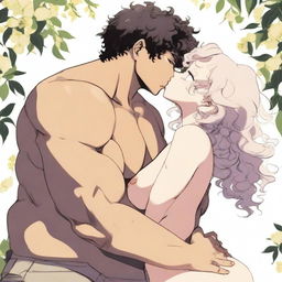 A black anime girl with curly hair and a curvy body type with wide hips and a big bust is kissing a Caucasian white man with pale skin