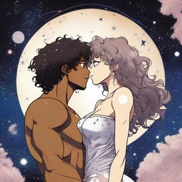 A black anime girl with dark skin and curly hair, having a curvy body type with wide hips and a big bust, kissing a Caucasian white man with pale skin