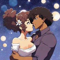 A black anime girl with dark skin and curly hair, having a curvy body type with wide hips and a big bust, kissing a Caucasian white man with pale skin