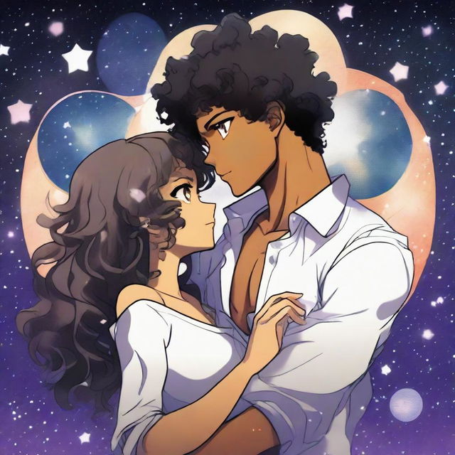 A black anime girl with dark skin and curly hair, having a curvy body type with wide hips and a big bust, kissing a Caucasian white man with pale skin