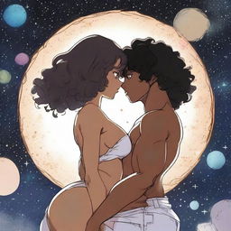 A black anime girl with dark skin and curly hair, having a curvy body type with wide hips and a big bust, kissing a Caucasian white man with pale skin