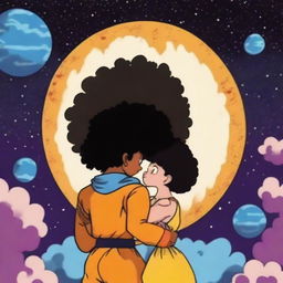 A man and a woman standing and kissing in the center of the universe, surrounded by stars and cosmic elements