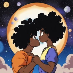 A man and a woman standing and kissing in the center of the universe, surrounded by stars and cosmic elements