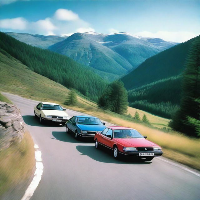 A group of Citroën CX cars in various colors, including one in grey-blue, racing on a winding road through the scenic mountains of Sweden