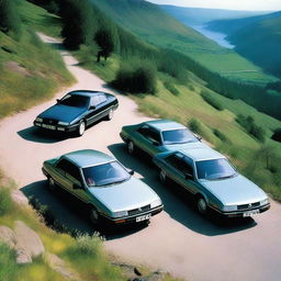 A group of Citroën CX cars in various colors, including one in grey-blue, racing on a winding road through the scenic mountains of Sweden