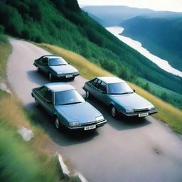 A group of Citroën CX cars in various colors, including one in grey-blue, racing on a winding road through the scenic mountains of Sweden