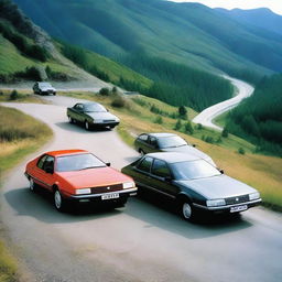 A group of Citroën CX cars in various colors, including one in grey-blue, racing on a winding road through the scenic mountains of Sweden