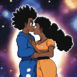 A man and a woman standing and kissing in the center of the universe, surrounded by stars and cosmic elements