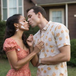 A young girl with vitiligo, brown hair, wearing a floral dress, holding a sun-shaped ring, and a tall, handsome young man with a prosthetic left arm, kissing in front of an old house.