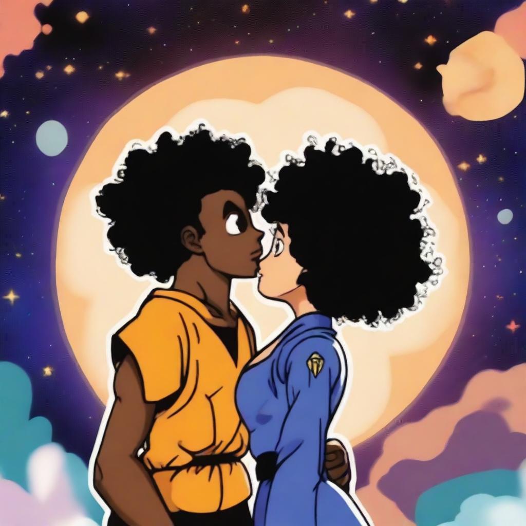 A man and a woman standing and kissing in the center of the universe, surrounded by stars and cosmic elements