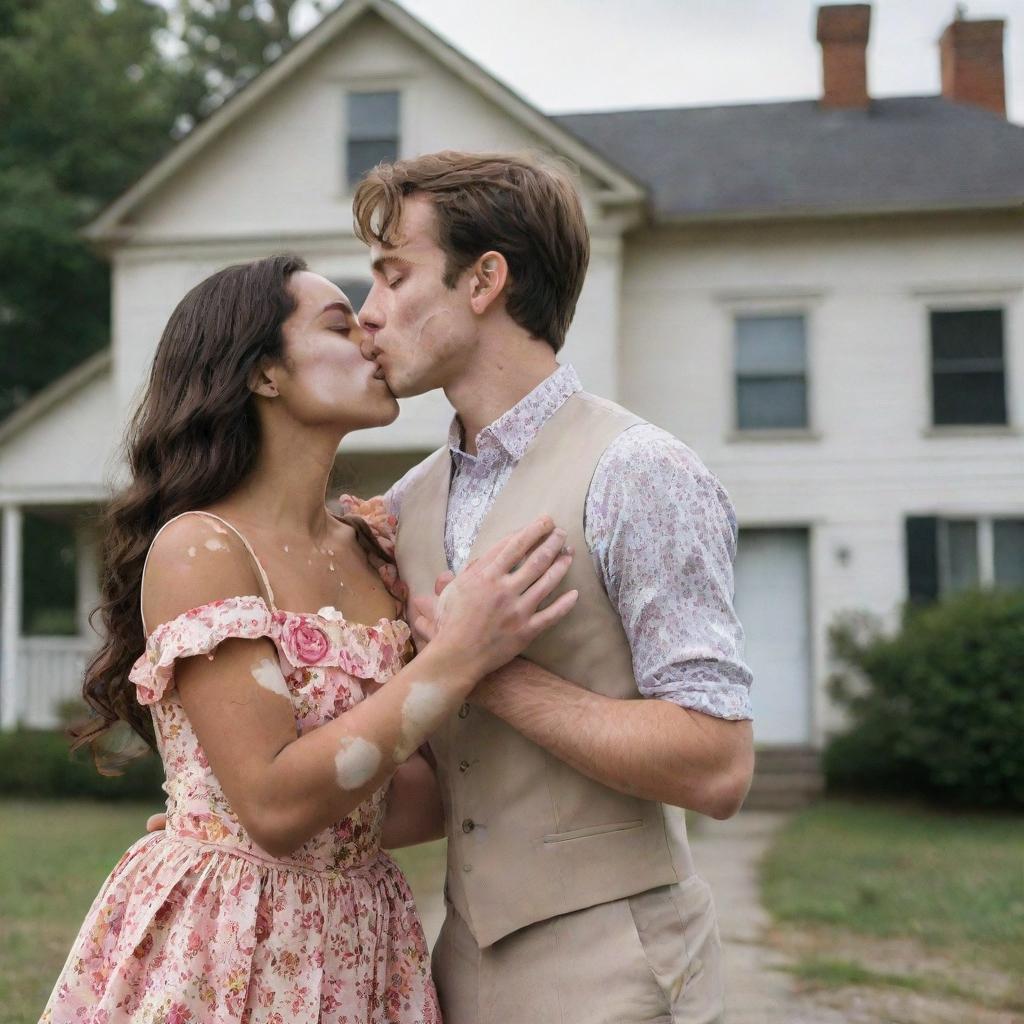 A young girl with vitiligo, brown hair, wearing a floral dress, holding a sun-shaped ring, and a tall, handsome young man with a prosthetic left arm, kissing in front of an old house.