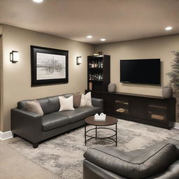 Create a modern basement design featuring a small bar in the corner and a comfortable sofa