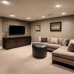 Create a modern basement design featuring a small bar in the corner and a comfortable sofa