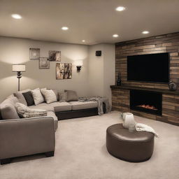 Create a modern basement design featuring a small bar in the corner and a comfortable sofa