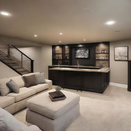 Create a modern basement design featuring a small bar in the corner and a comfortable sofa