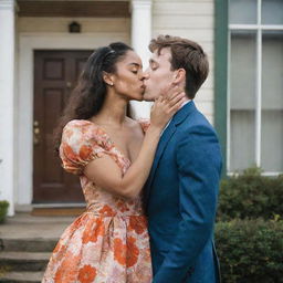 A young girl with vitiligo, brown hair, wearing a floral dress, holding a sun-shaped ring, and a tall, handsome young man with a prosthetic left arm, kissing in front of an old house.