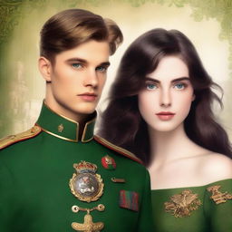 A regal, golden-hued book cover featuring a handsome, young military prince with a strong jawline, piercing blue eyes, and short, dark blond hair, dressed in a fitted, olive-green uniform adorned with medals and a golden epaulette, standing proudly beside a beautiful, raven-haired girl with porcelain skin, full lips, and striking emerald eyes, wearing a flowing, ivory-white gown with intricate lace details