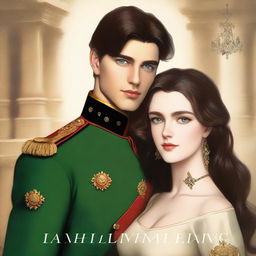 A regal, golden-hued book cover featuring a handsome, young military prince with a strong jawline, piercing blue eyes, and short, dark blond hair, dressed in a fitted, olive-green uniform adorned with medals and a golden epaulette, standing proudly beside a beautiful, raven-haired girl with porcelain skin, full lips, and striking emerald eyes, wearing a flowing, ivory-white gown with intricate lace details