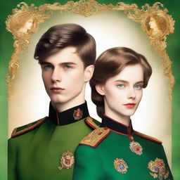 A regal, golden-hued book cover featuring a handsome, young military prince with a strong jawline, piercing blue eyes, and short, dark blond hair, dressed in a fitted, olive-green uniform adorned with medals and a golden epaulette, standing proudly beside a beautiful, raven-haired girl with porcelain skin, full lips, and striking emerald eyes, wearing a flowing, ivory-white gown with intricate lace details