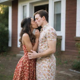 A young girl with vitiligo, brown hair, wearing a floral dress, holding a sun-shaped ring, and a tall, handsome young man with a prosthetic left arm, kissing in front of an old house.