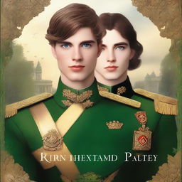 A regal, golden-hued book cover featuring a handsome, young military prince with a strong jawline, piercing blue eyes, and short, dark blond hair, dressed in a fitted, olive-green uniform adorned with medals and a golden epaulette, standing proudly beside a beautiful, raven-haired girl with porcelain skin, full lips, and striking emerald eyes, wearing a flowing, ivory-white gown with intricate lace details