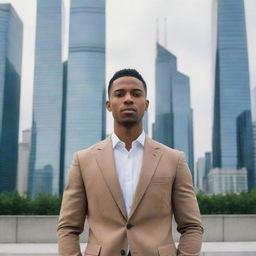 A well-dressed man with a confident aura, standing in an urban setting with skyscrapers in the background.