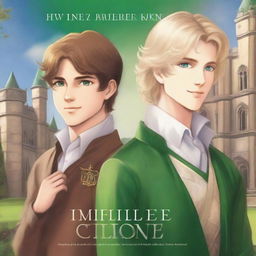 A book cover featuring a brown-haired prince with green eyes and a blonde student