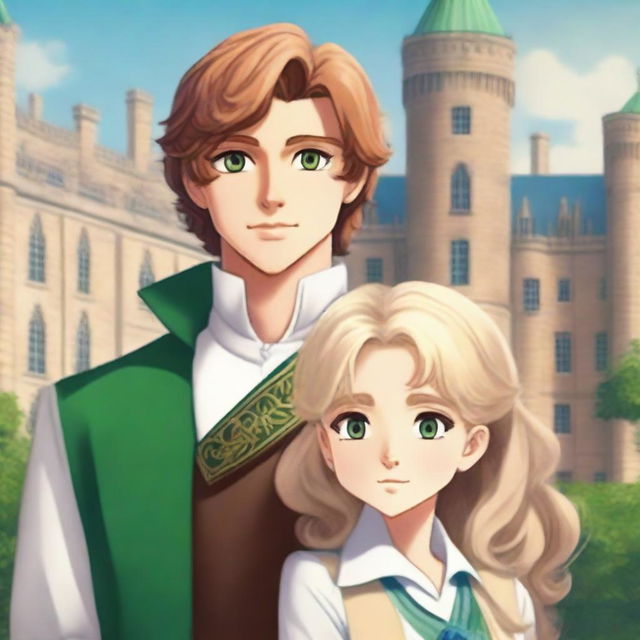 A book cover featuring a brown-haired prince with green eyes and a blonde student