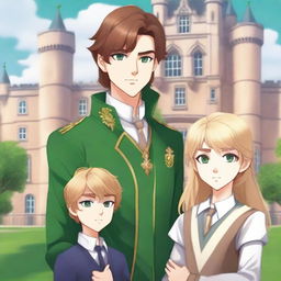 A book cover featuring a brown-haired prince with green eyes and a blonde student