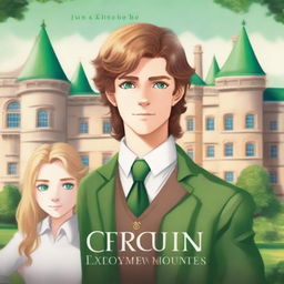 A book cover featuring a brown-haired prince with green eyes and a blonde student