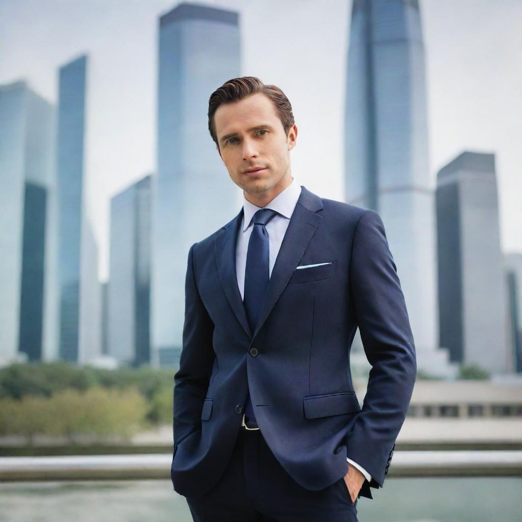 A well-dressed man with a confident aura, standing in an urban setting with skyscrapers in the background.