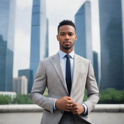 A well-dressed man with a confident aura, standing in an urban setting with skyscrapers in the background.