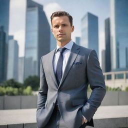 A well-dressed man with a confident aura, standing in an urban setting with skyscrapers in the background.