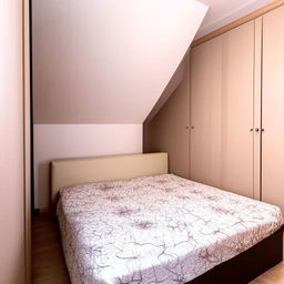 A medium-sized room furnished with a bed, a table, and two cupboards: one stationary and one movable. Situate the bathroom next to the entrance door.