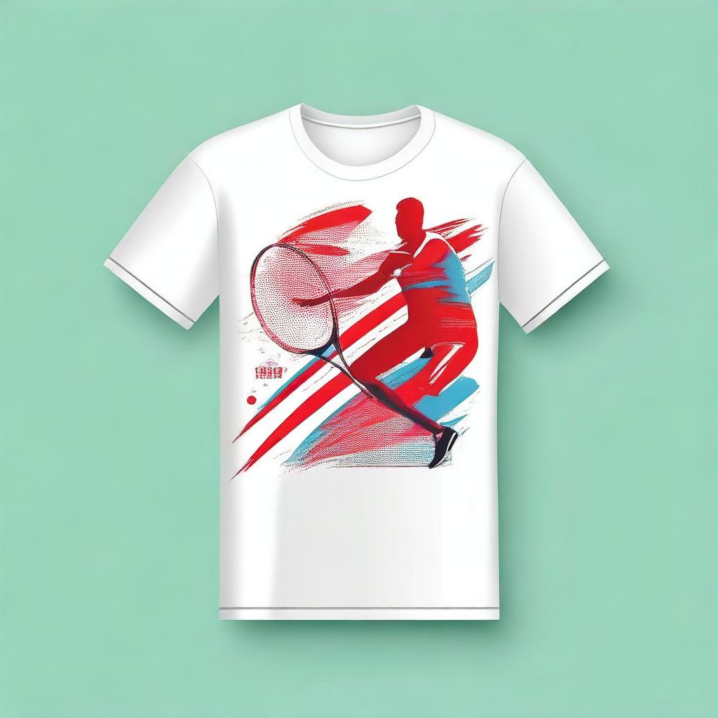 A vibrant and energetic t-shirt design for a Badminton training camp in 2024, set in Turkey